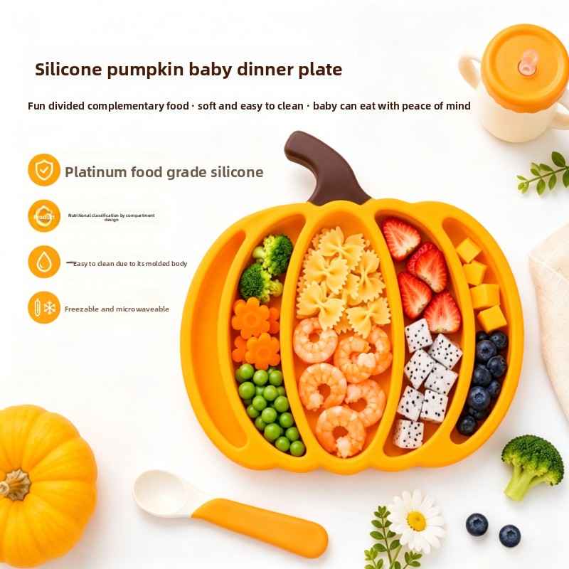 Baby Food Dinner - Piring Bayi Silikon Motif Labu, Anti